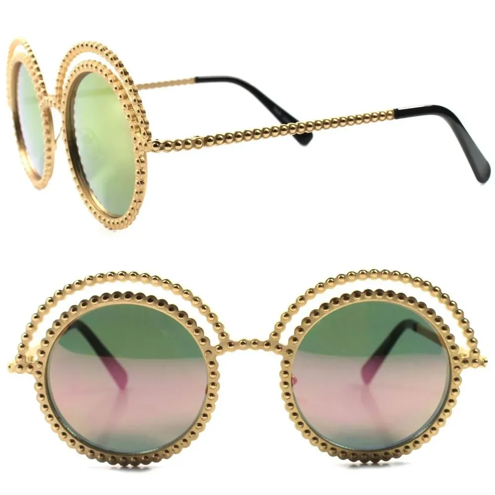 Upscale Celebrity Fashion Vintage Retro Gold Womens Designer Round Sunglasses